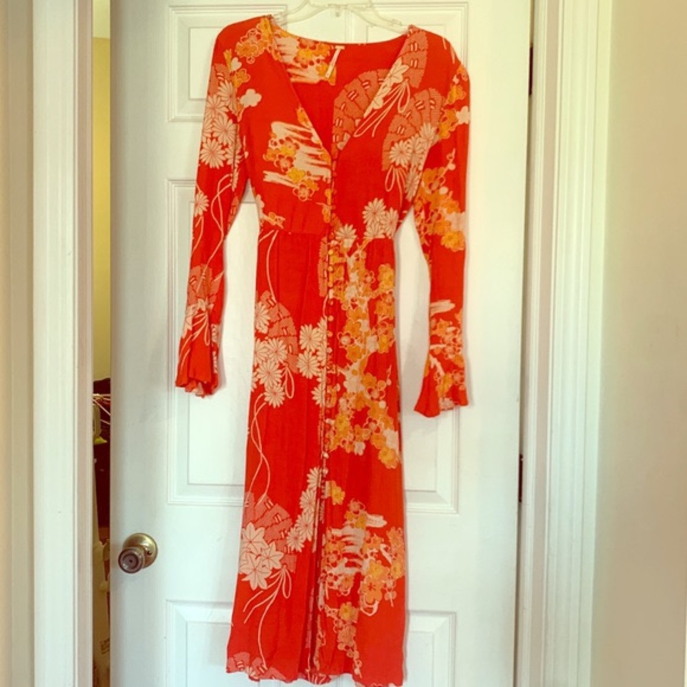 Free People Button Sleeve Orange Floral Midi Dress